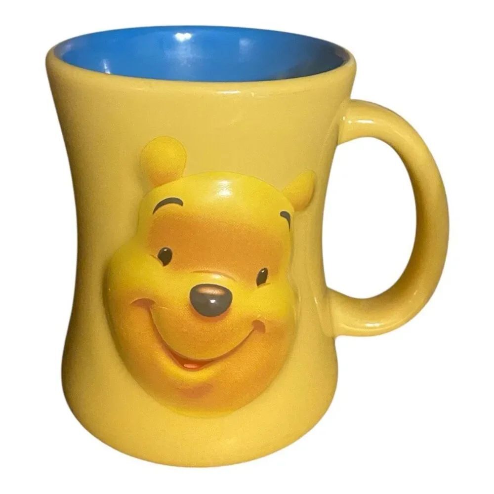Disney Store Cup HUGGABLY POOH Bear Coffee Tea 3D Mug Yellow Blue Ceramic